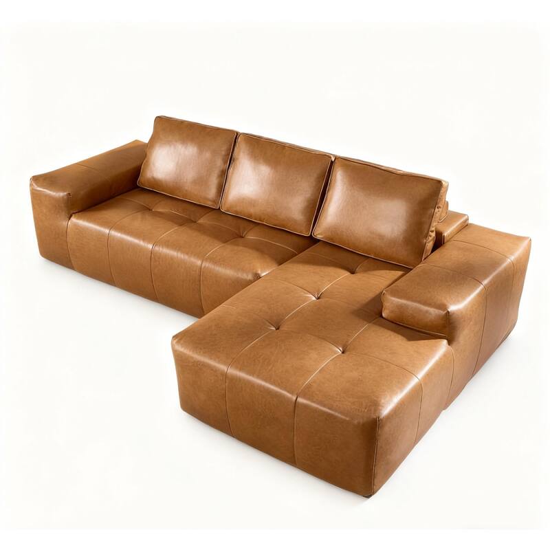 Brown Faux Leather L-Shaped Sectional Sofa with Chaise, Deep Seat Cloud Couch - No Assembly Required