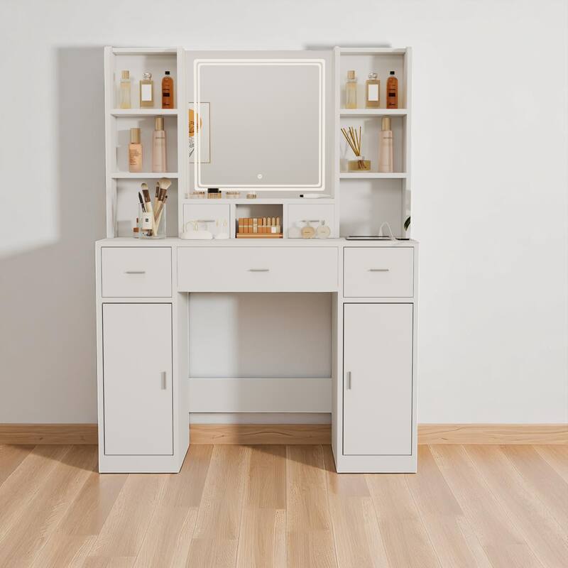 Makeup Vanity Desk with Touch LED Mirror, 5 Drawers, Hidden Shelves & Storage Cabinet for Bedroom