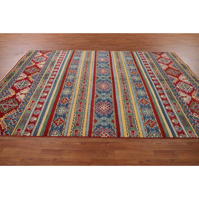 Striped Oriental Kazak Area Rug Hand-Knotted Wool Carpet - 6'7" x 9'9"