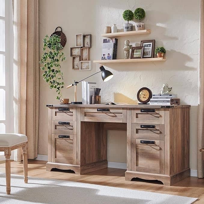 60" Farmhouse Executive Desk, Wood Home Office Desk, Computer Desk