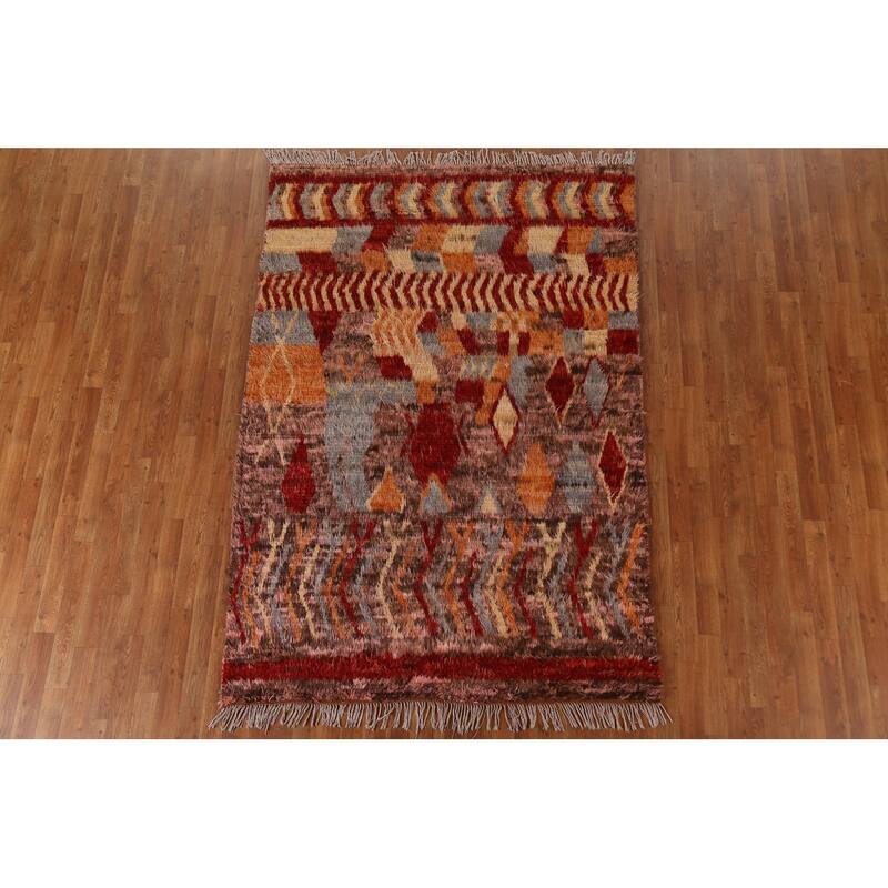 Hand Knotted Oriental 100% Wool Carpet Modern Tribal Pink Moroccan Area Rug - 7' 9'' X 5' 4''
