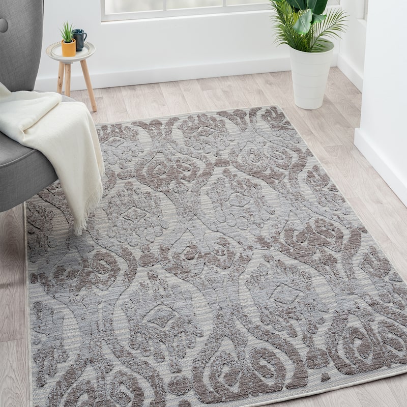 Sevita Blue/Gray Damask PET Yarn Indoor/Outdoor Area Rug
