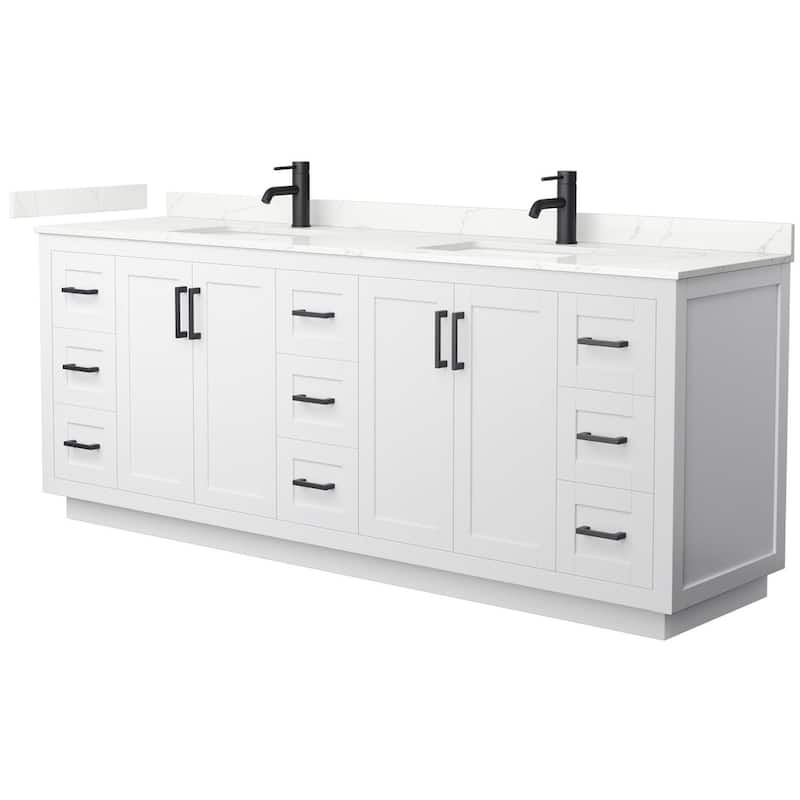 Wyndham Collection WCF292984D-QTZ-UNSMXX Miranda 84" Free Standing - White / Giotto Quartz Top / Matte Black Hardware