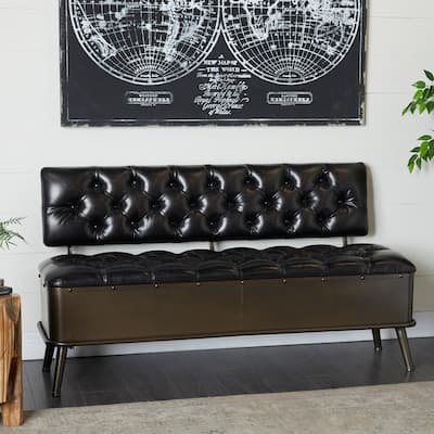 Bronze Metal Storage Bench with Tufted Faux Leather