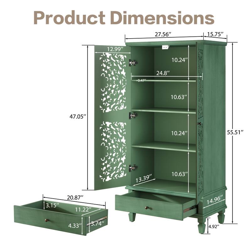 GDF Studio - Maribelle Rustic 55" Tall Storage Cabinet with Drawer, Decorative 2-Door Carved Wood Accent Cabinet