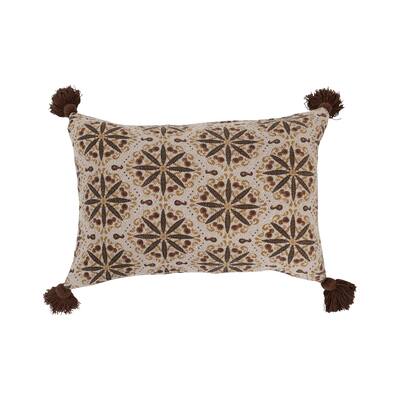 Recycled Cotton Blend Lumbar Pillow with Floral Medallion Print and Tassels