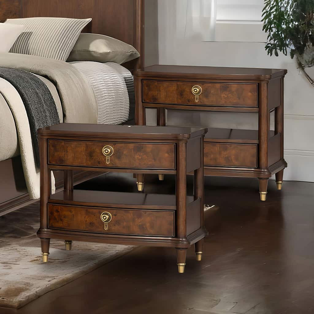 Furniture of America Prylen Modern Dark Cherry Solid Wood 2-Drawer Nightstand with LED Light and USB Ports (Set of 2)