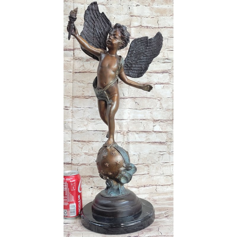 Cherub Cupid W/ Torch Real Bronze Vintage Sculpture Statue After Moreau 24 Inches X 12 Inches