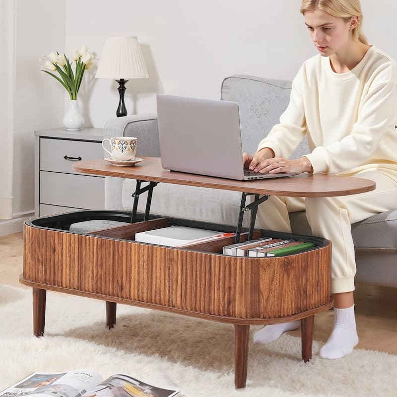 Mid-Century Lift-Top Coffee Table with Storage Compartments - 39.4 x 19 x 16 in