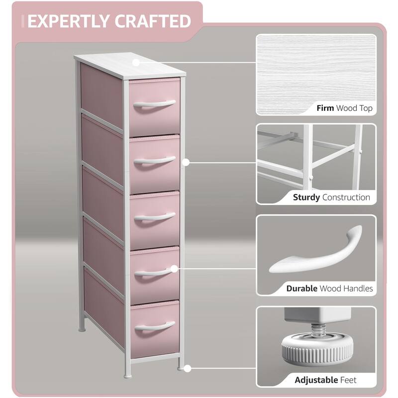 Sorbus Narrow Dresser with 5 Drawers - Vertical Slim Storage Chest of Drawers with Steel Frame, Wood Top & Easy Pull Fabric Bins