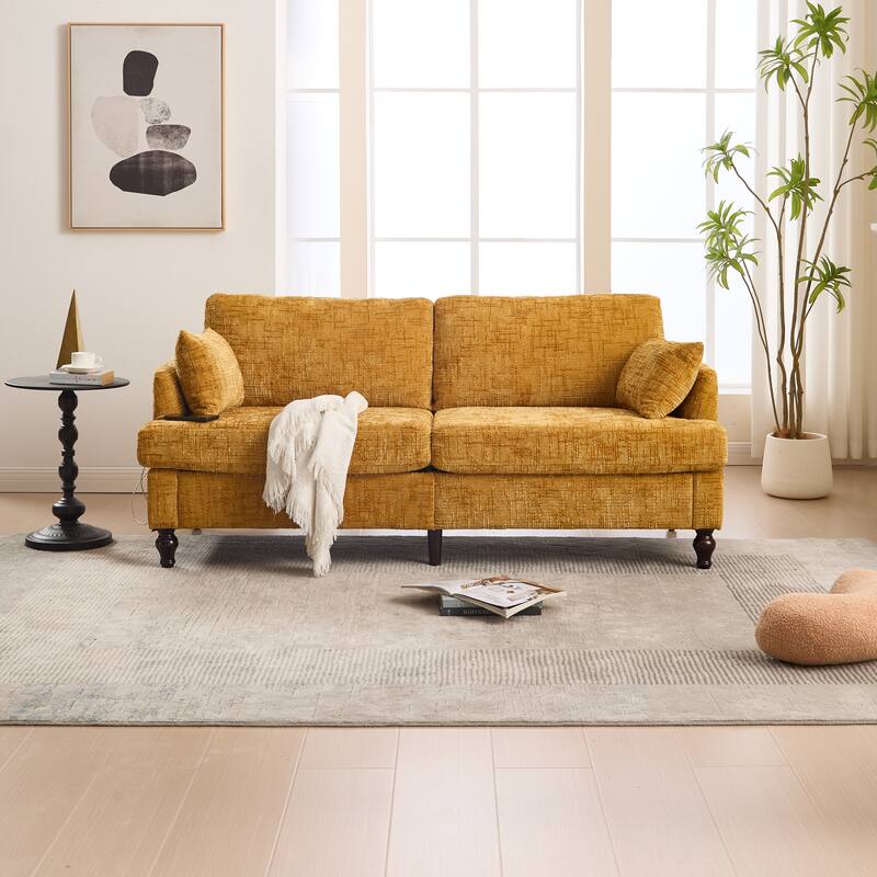 Modern Style Chenille 2-Seater Wood-Legged Sofa With Led Light,USB Charging Port And Storage Bag Living Room Bedroom Study Room