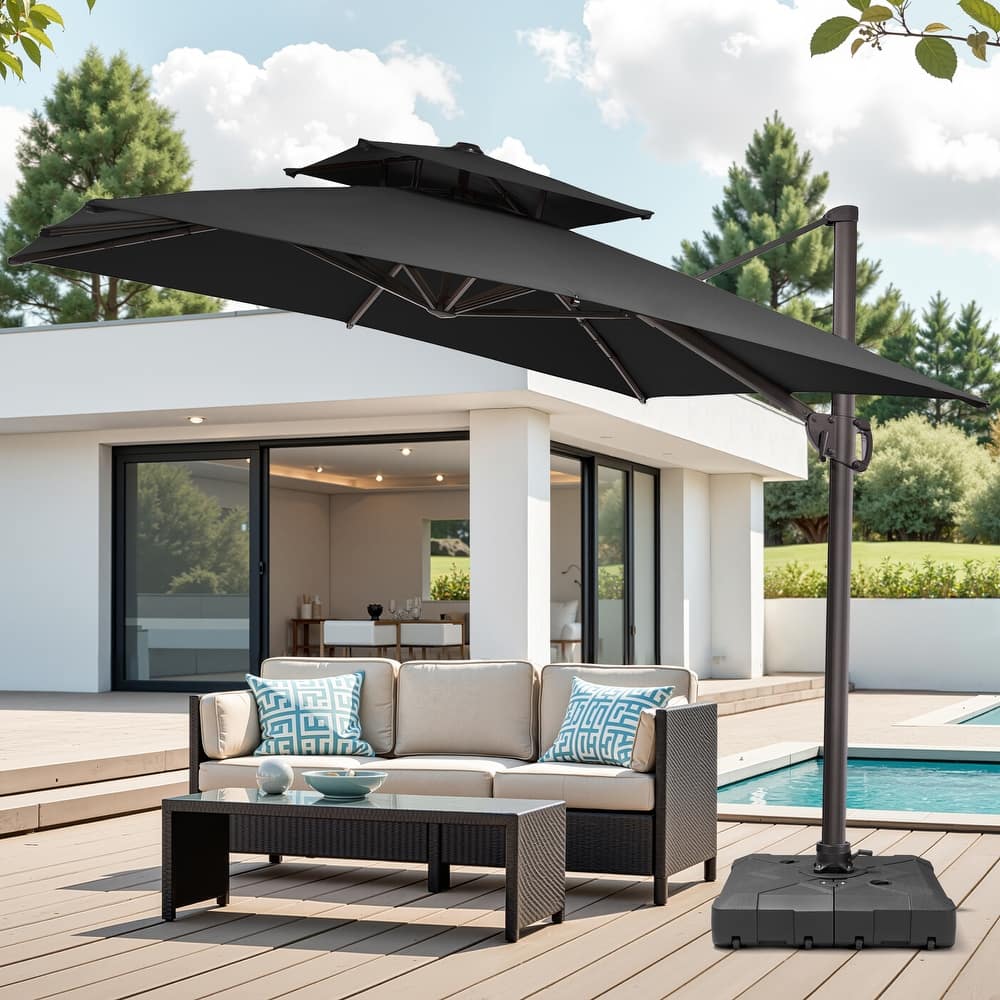 Pellebant 10 ft Square Patio Cantilever-Offset Umbrella 360 Degree Rotation with Wheel Base