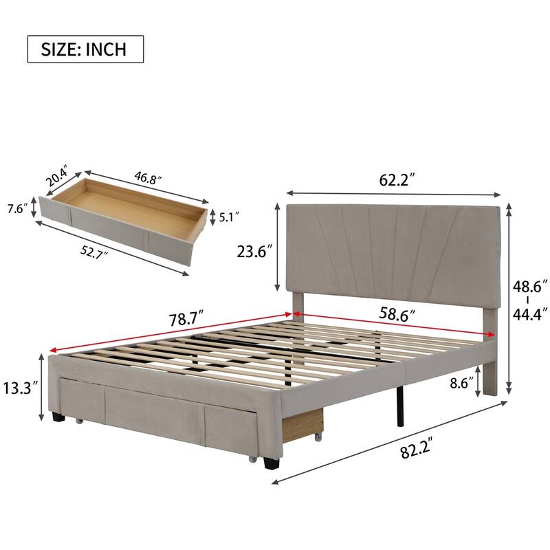 Merax Queen Velvet Upholstered Platform Bed Storage Bed with a Big Drawer