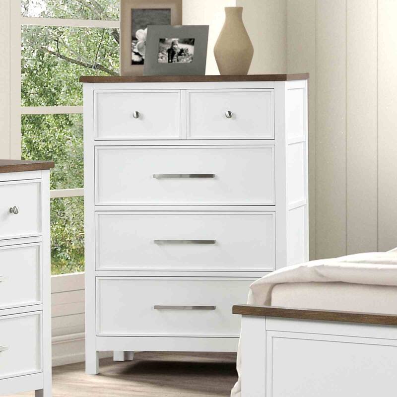 Modern Farmhouse White/Dark Brown Finish Bedroom Set Bed Nightstand Dresser Mirror Chest