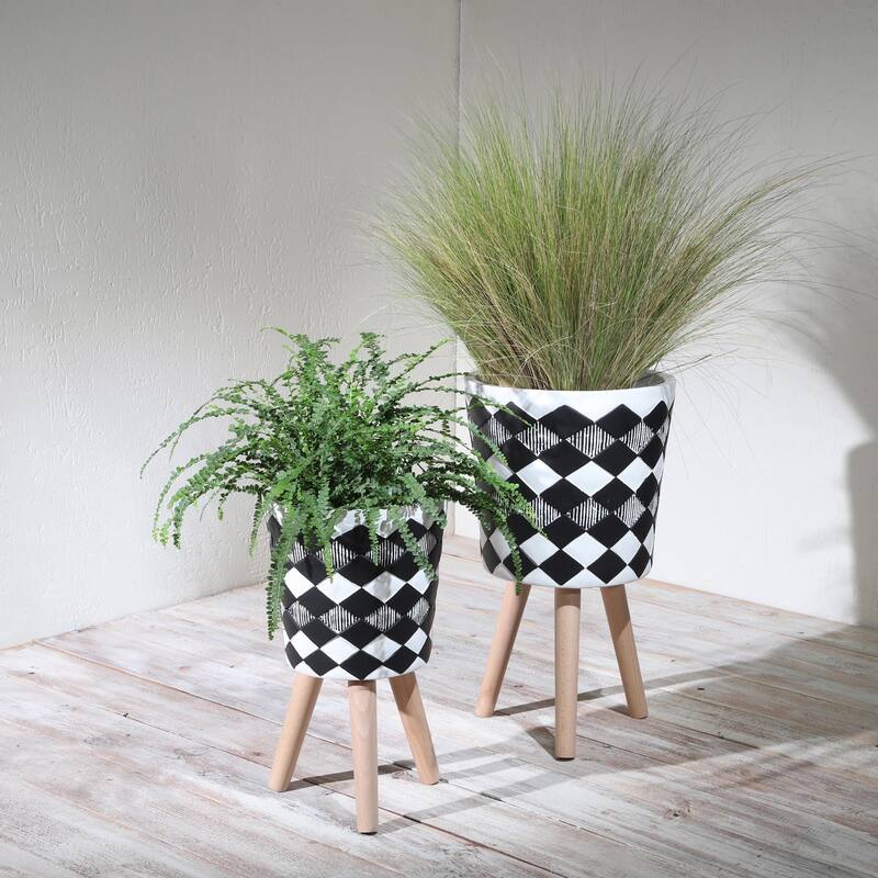 10/12" Diamond Planter with Wooden Legs,Set of 2
