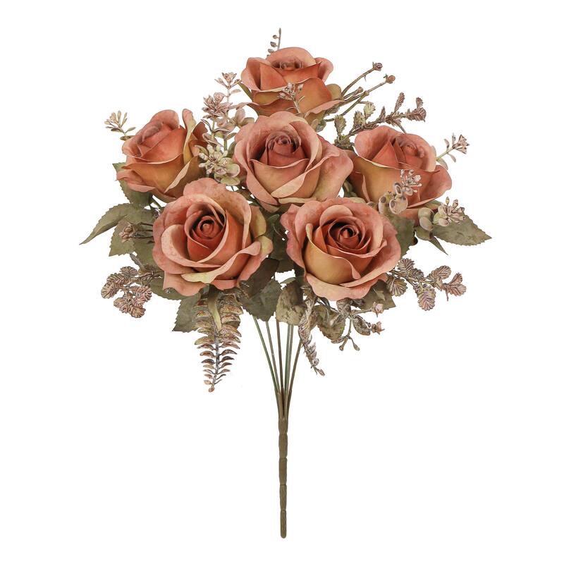 Set of 2 Brown Artificial Rose Flower Stem Bush Bouquet 15in - 15" L x 8" W x 8" DP