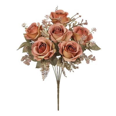 Set of 2 Brown Artificial Rose Flower Stem Bush Bouquet 15in - 15" L x 8" W x 8" DP