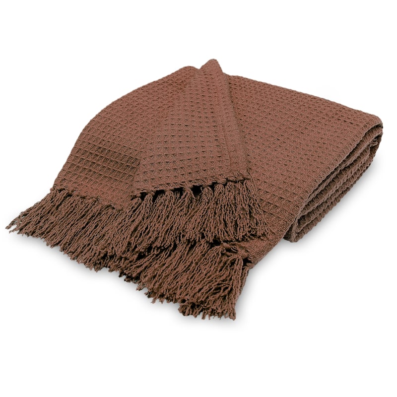 Luxurious Soft Cozy All Season Light Weight Cotton Waffle Weave Throw Blanket with Fringes - 70x50 Inches
