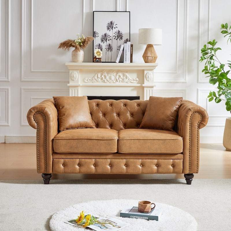 Button-Tufted Chesterfield 63.5" Sofa - Tech Fabric, Wooden Legs, Pillows