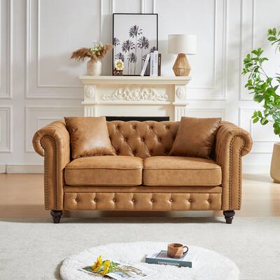 Tech Leather Fabric Upholstered Deep Seat Loveseat Sofa, Chesterfield Lounge Couch with Button Tufted and Nailheads Accent
