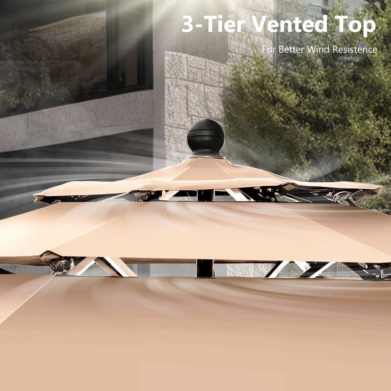 MAISON ARTS 6-Piece Outdoor Dining Set with 10ft 3 Tier Auto-tilt Umbrella, Metal Square Table & 4 Stackable Chairs