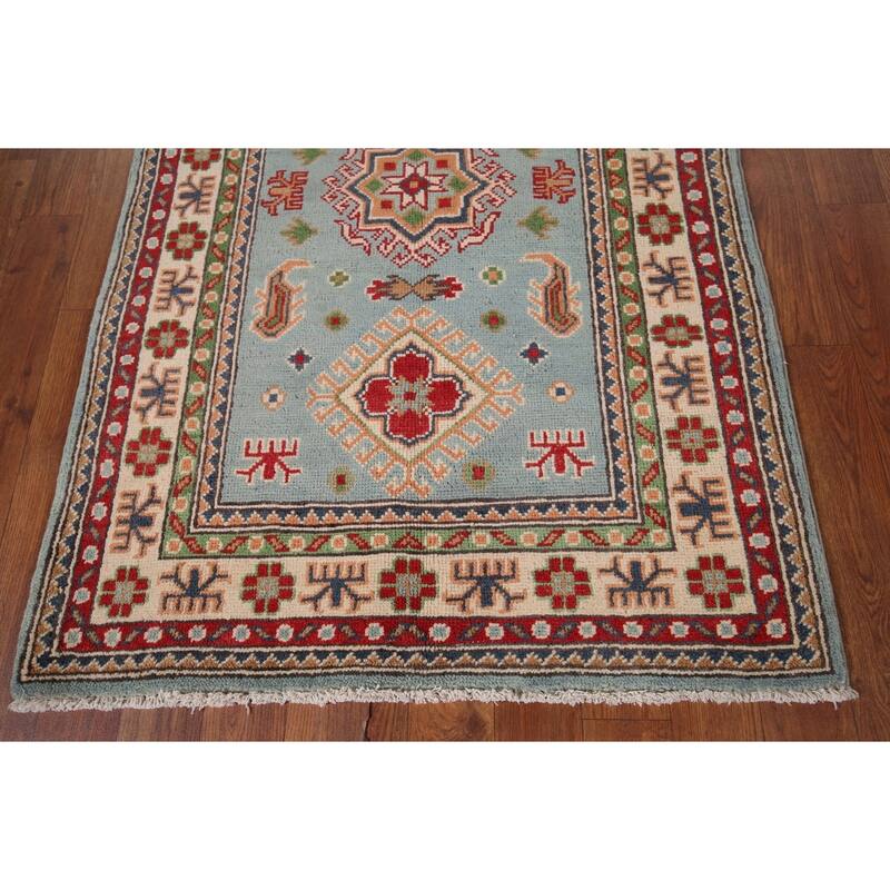 Light Blue Geometric Kazak Accent Rug Hand-Knotted Foyer Wool Carpet - 2'8" x 4'3"