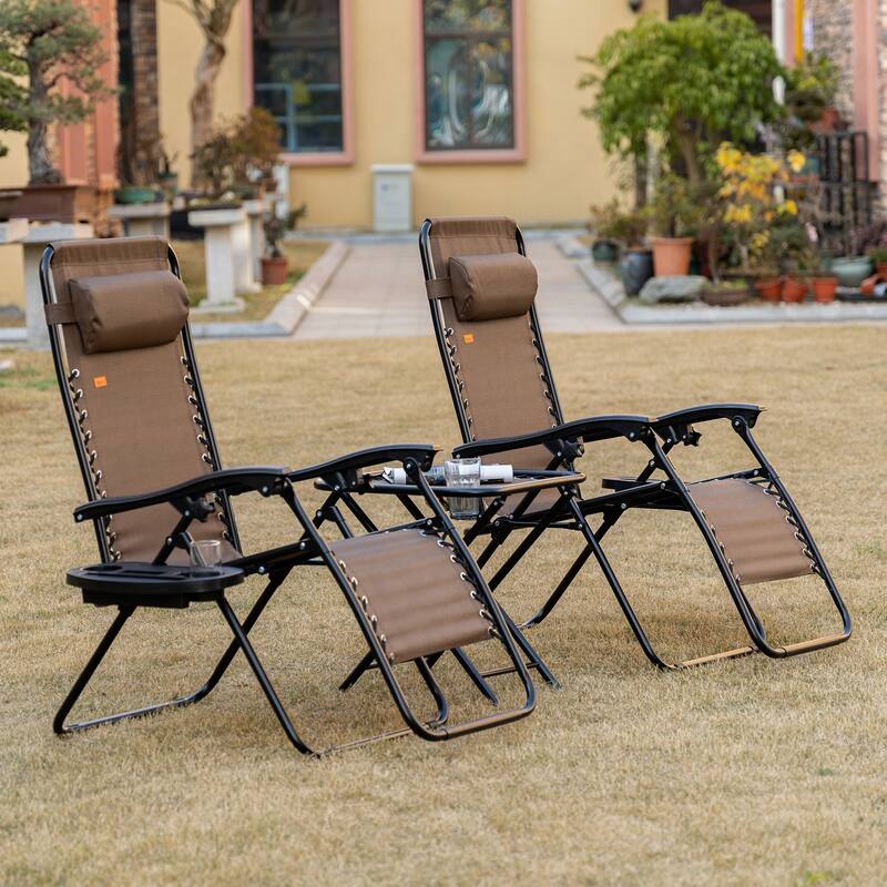 Outdoor Zero Gravity Chairs with Side Table, Set of 2 Folding Reclining Chairs with Cupholders & Pillows