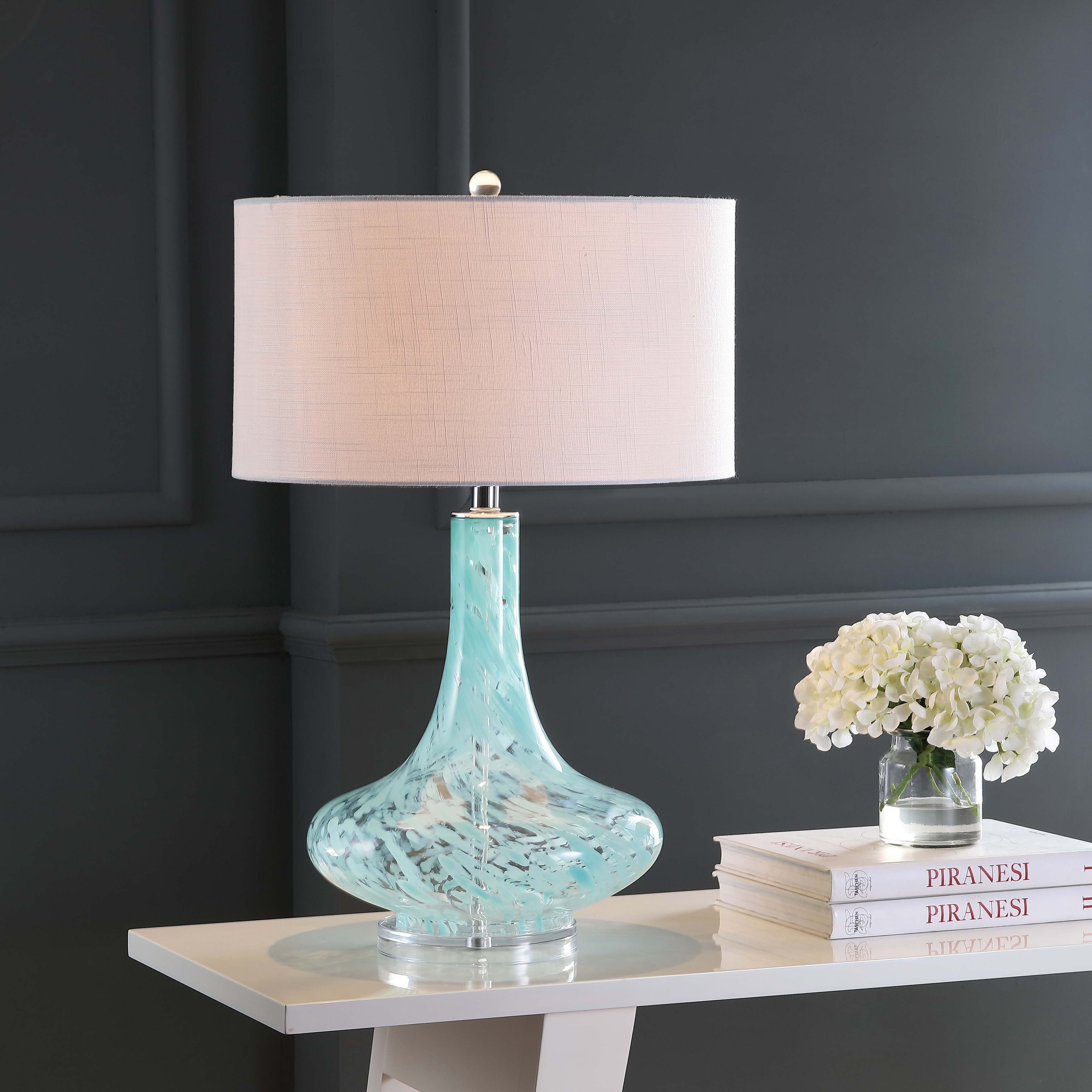 JONATHAN Y Olivia 29" Glass/Acrylic LED Table Lamp, Ice Blue