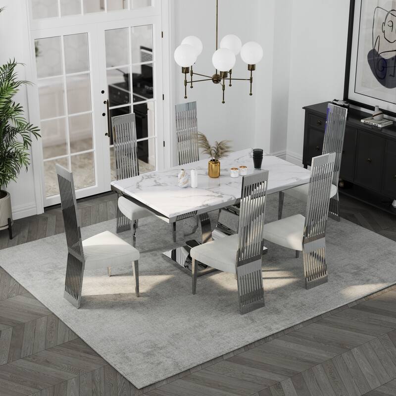 Faux Mable Dining Table Set with White Boucle and High Back Chairs