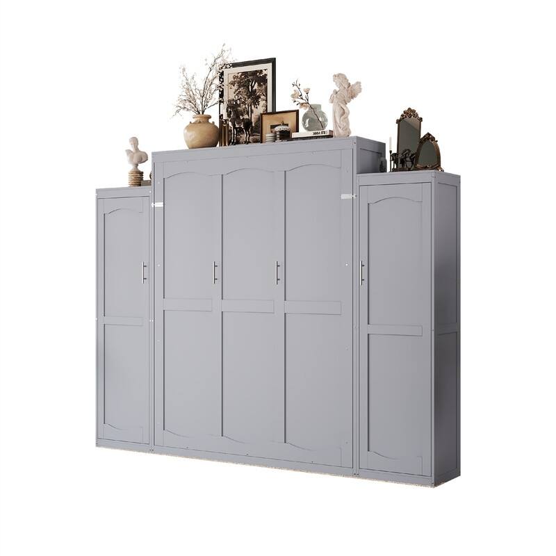 Wooden Murphy Bed Wall Bed with 2 Bulit-in Wardrobes, Full/Queen Size Foldable Murphy Cabinet Bed with Storage Shelves