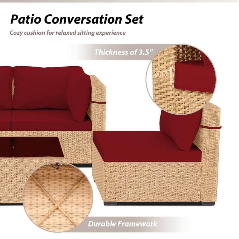 Patio Watcher 5-Pieces Yellow Rattan Conversation Set with Cusions for Outdoors