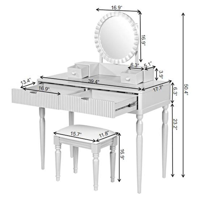 Luxury Vanity Desk w/Round Mirror,Height-Adjustable,Dressing Table Set