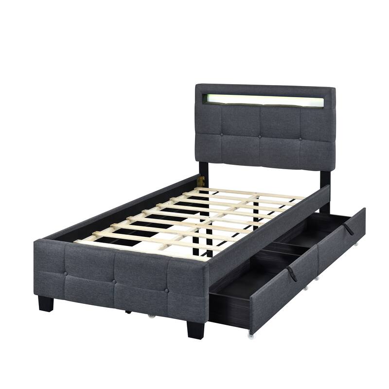 Twin Size Upholstered Platform Bed with LED Frame and 2 Drawers, Linen Fabric, Beige