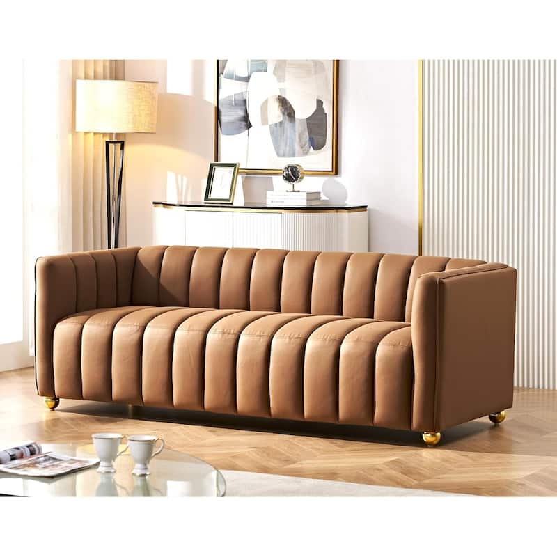 Glam Fabric Upholstered Solid Wood Frame 82.7" Art Deco Sofa - Brown