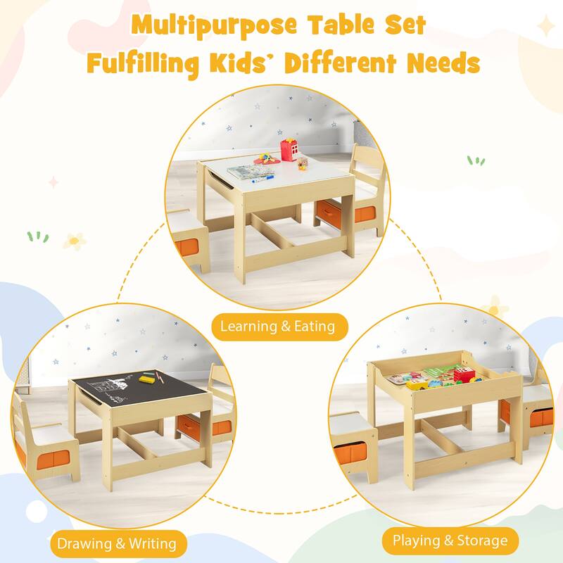 Gymax Children Kids Table Chairs Set With Storage Boxes Blackboard