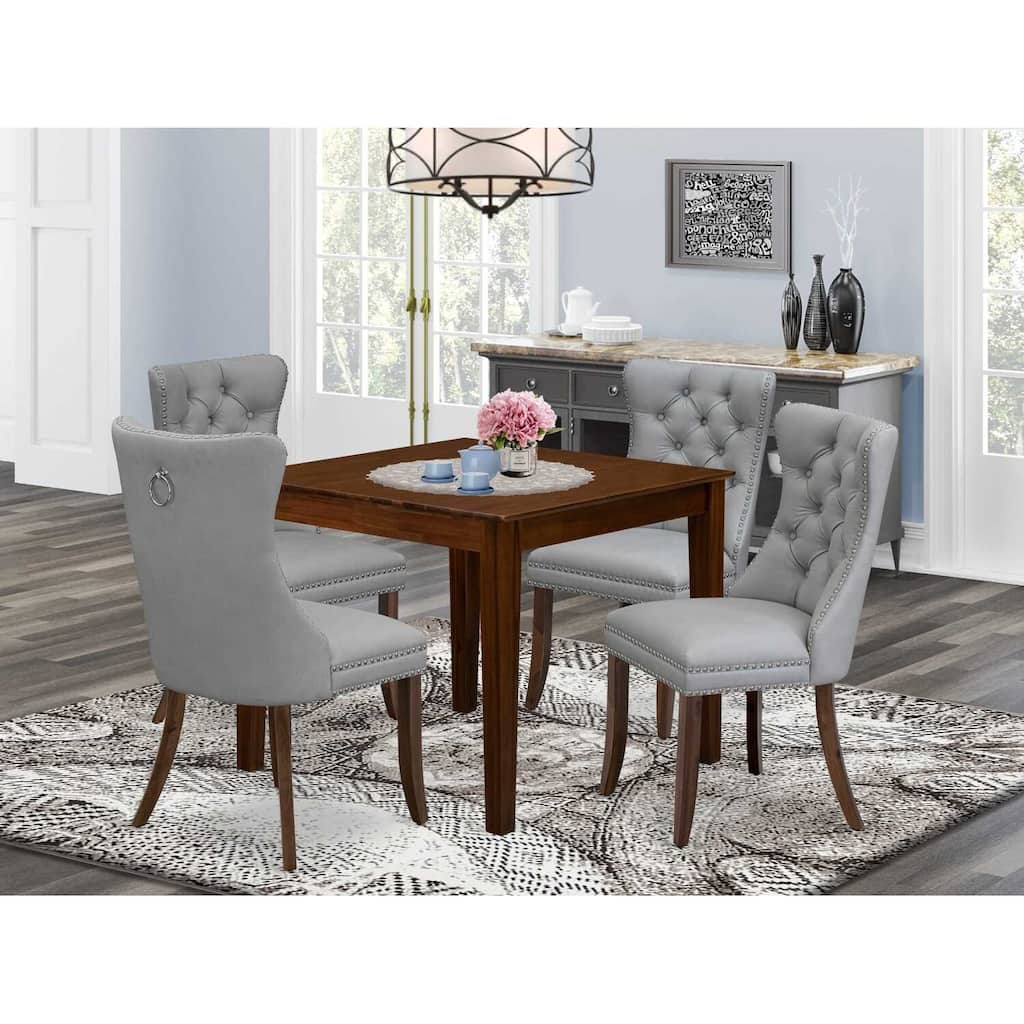 5-Piece Antique Walnut Finish Solid Wood Top - Square Upholstered Dining Room Set - Seats 4