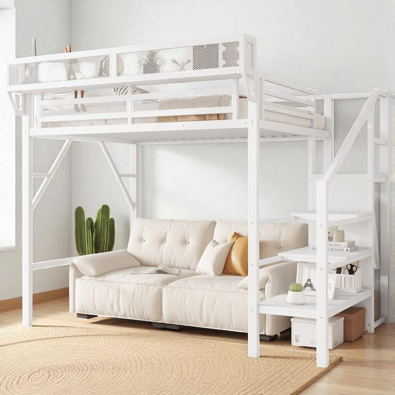 Twin XL Metal Loft Bed with Stairs, Storage Shelves and Wardrobe, High Loft Bed with Under-Bed Space