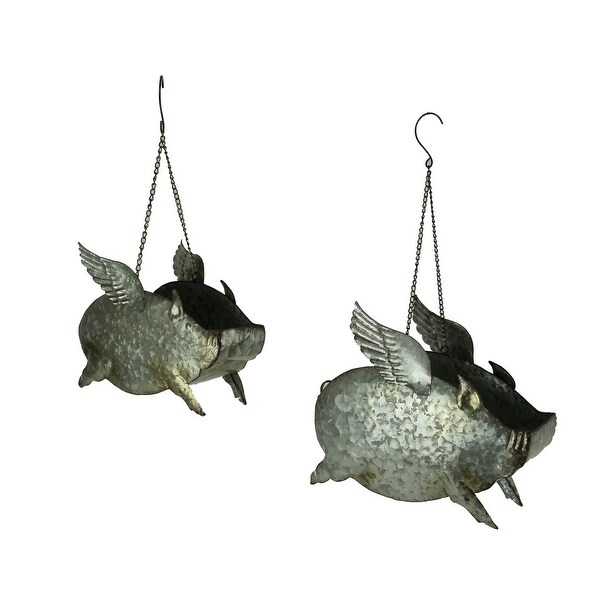 Distressed Galvanized Metal Flying Pig Hanging Planters Set of 2 - 11 X 13.5 X 6 inches