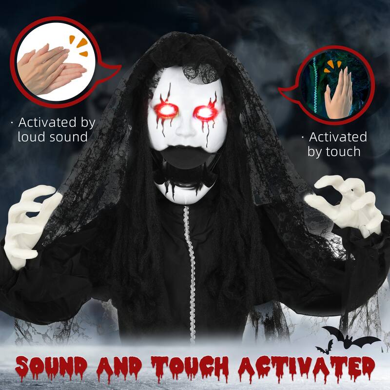 67in Animated Ghost Bride Halloween Prop Sound Activated Light-Up Eyes Creepy Voice Indoor Outdoor