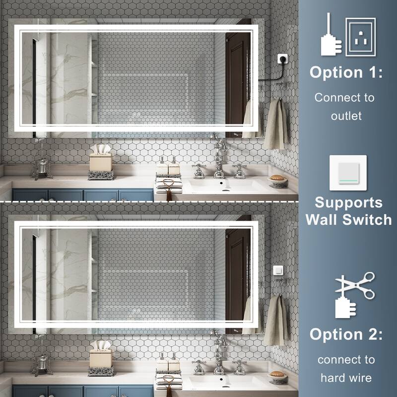Retangular Wall Mounted LED Bathroom Mirror With Touch Switch Memory Mirror Anti-Fog (Horizontal/Vertical)