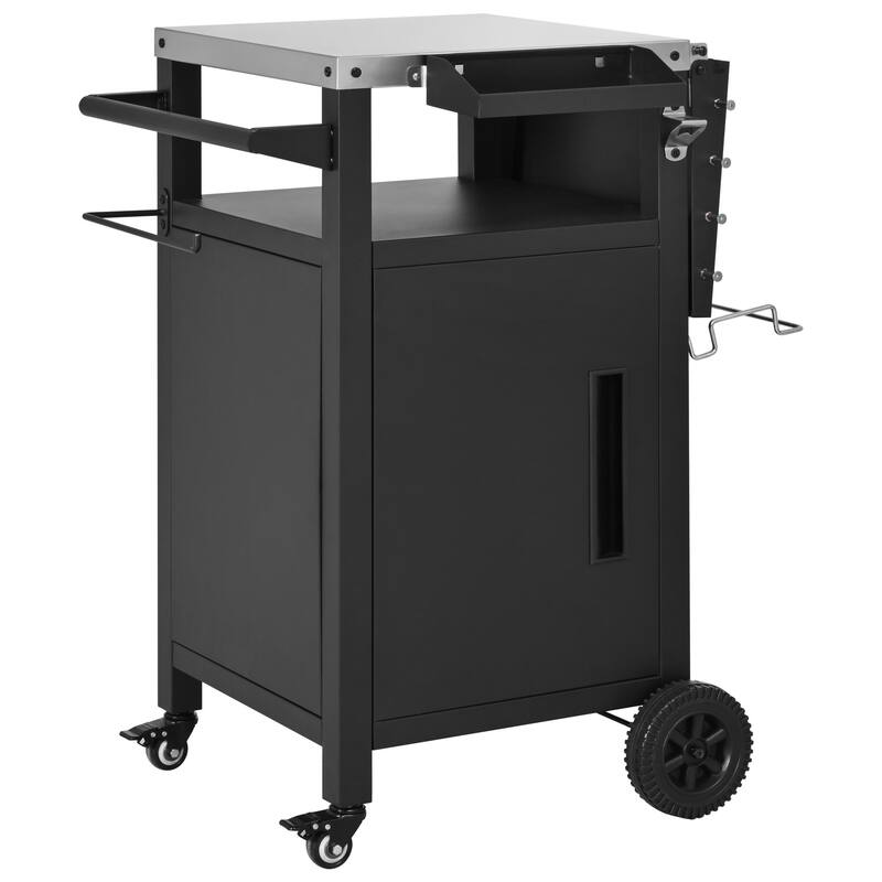 33.9"Outdoor Grill Cart with Drop Leaf,Metal Bar Cart Pizza Oven Table with Wheels,with Storage Cabinet & Spice & Paper Rack