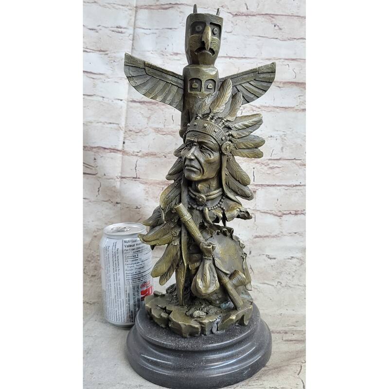 Sign Original Imitative Fisher Indian Warrior With Totem Pole Bird Bronze Statue Sculpture
