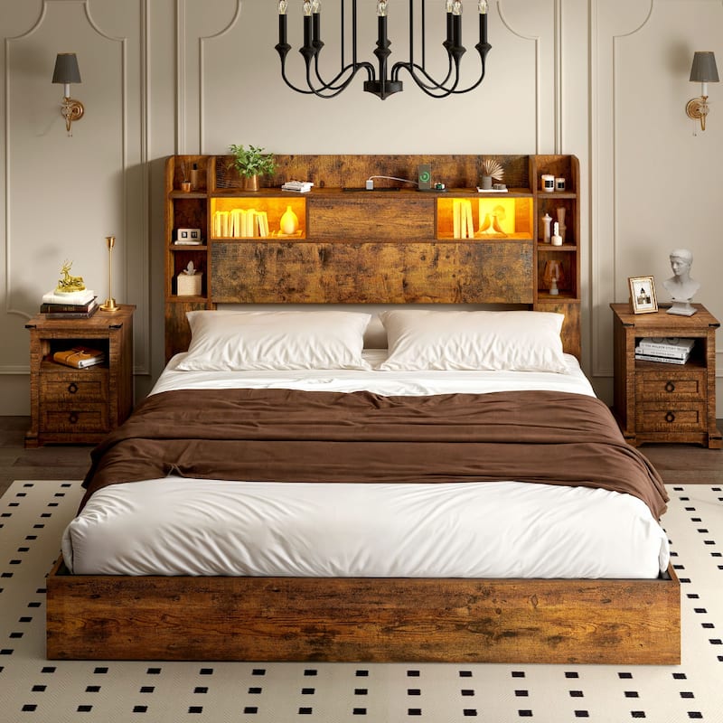 Moasis LED Bed Frame with Bookcase Headboard, 4 Storage Drawers and Type-C USB Charging Station - Brown - Queen