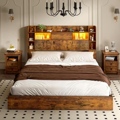Moasis LED Bed Frame with Bookcase Headboard, 4 Storage Drawers and Type-C USB Charging Station