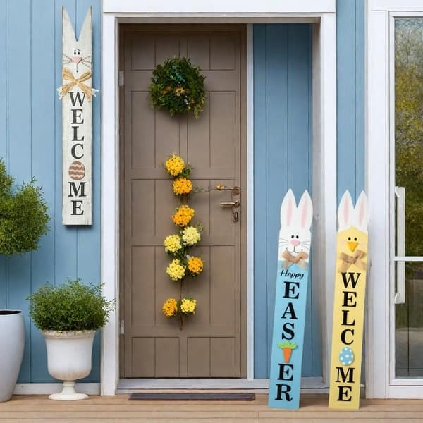 slide 2 of 23, Glitzhome 42"H Wooden Welcome Easter Porch Sign with Bunny Ears Wall Decor Indoor Outdoor