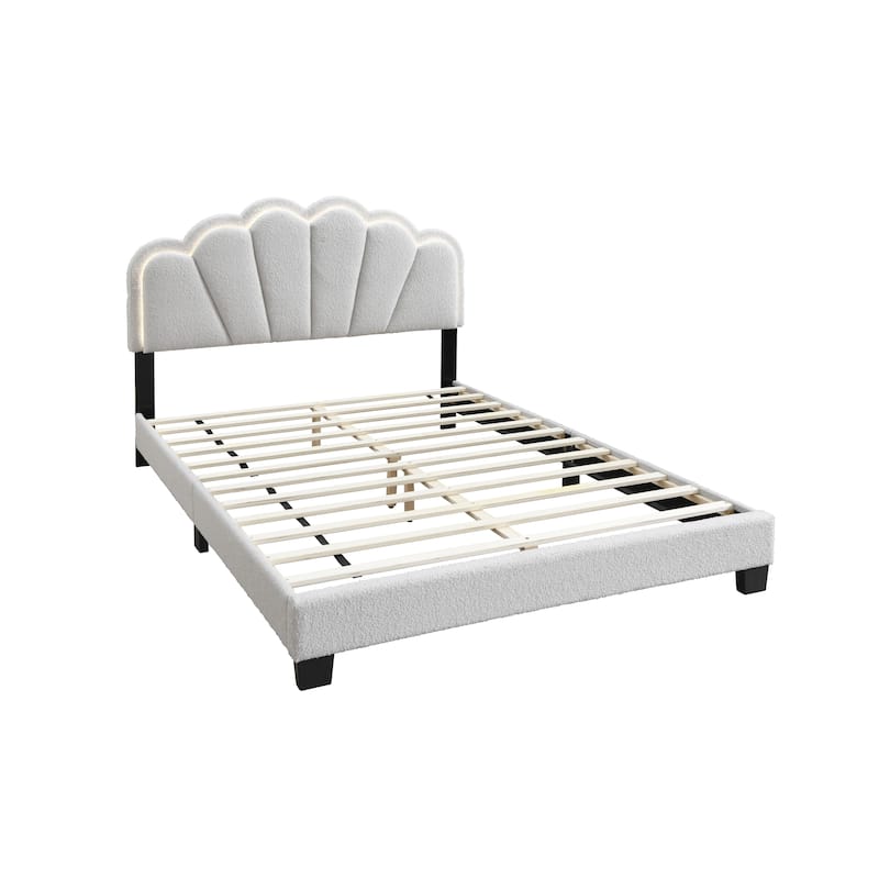 Queen Size Wool Upholstered Platform Bed with Floral Stitch Headboard and LED Lighting