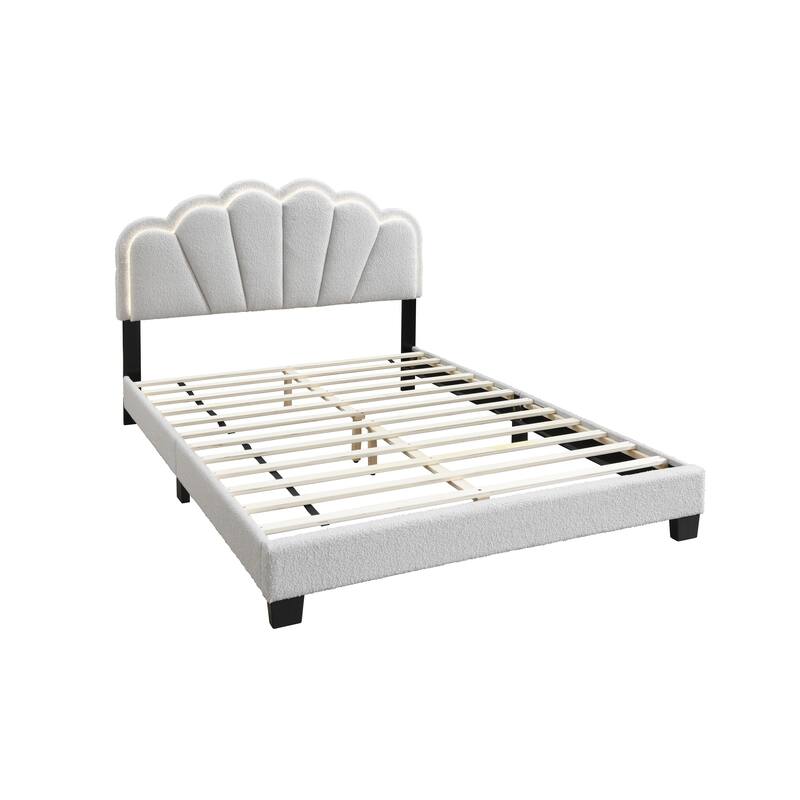 White 1pc Queen Size Bed Wool Fabric Floral Design Headboard w LED Fully Upholstered Platform Bedframe