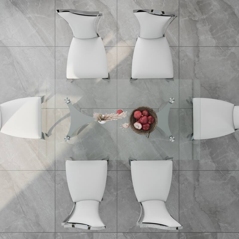 70 inch Clear Tempered Glass Dining Table Set with Leather Dining Chairs