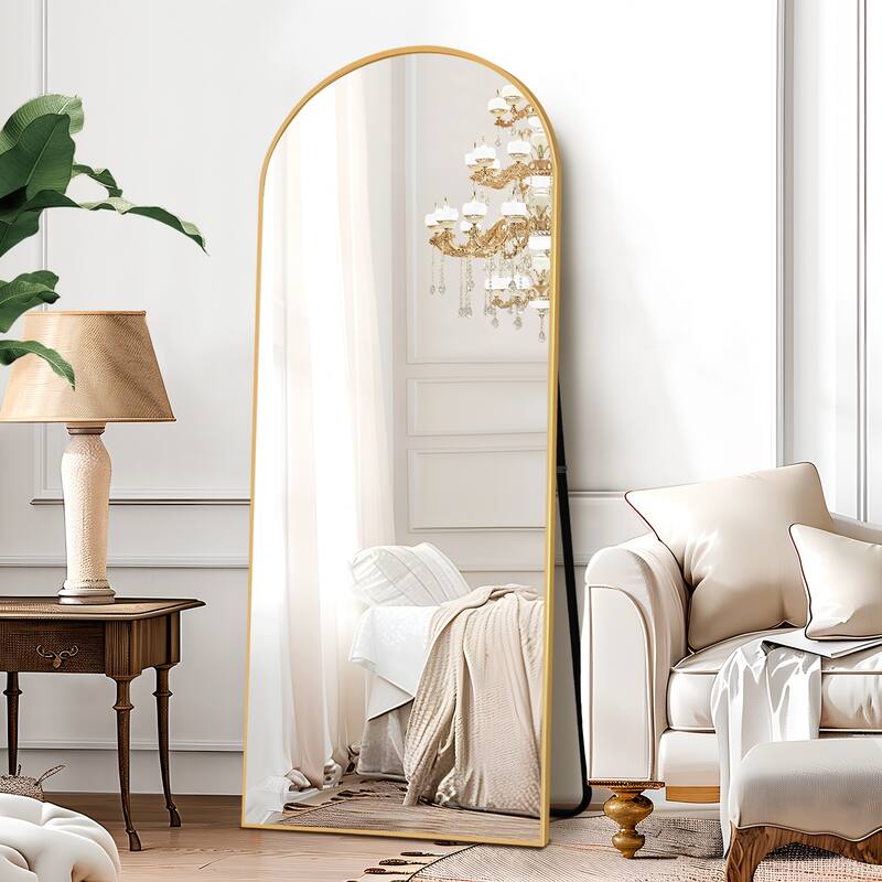 Full Length Mirror with Stand Arched Full Body Mirror Aluminum Frame Floor Freestanding Hanging Leaning Mounted - Gold - 64 in.H x 24 in.W