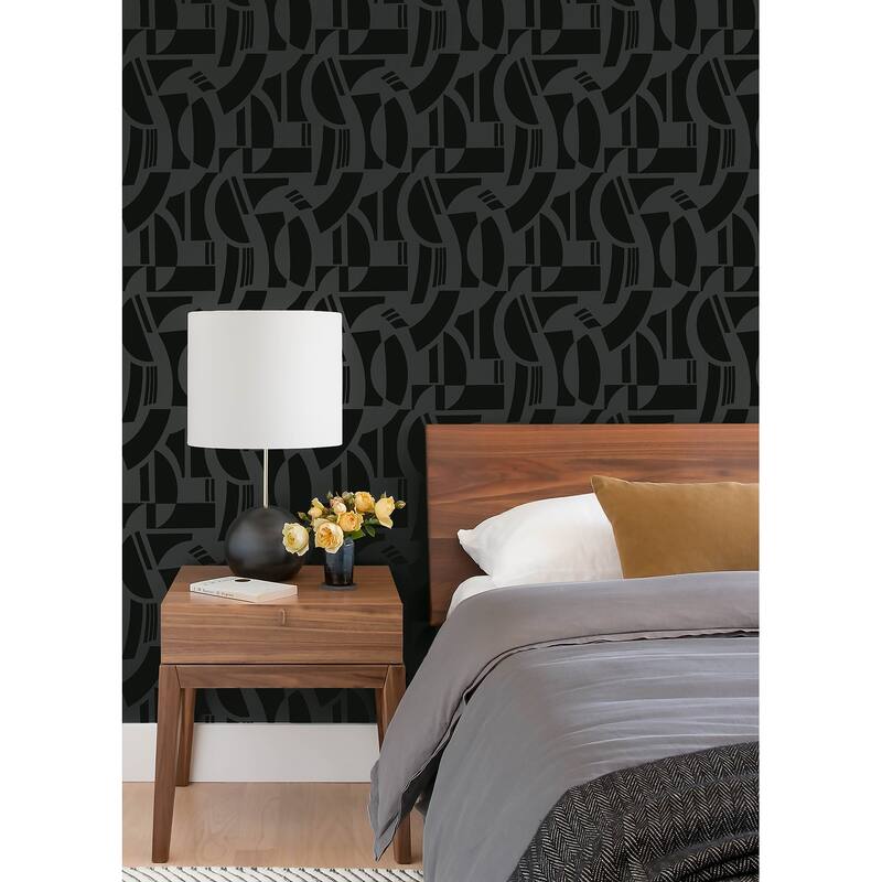 A-Street Prints Carter Black Geometric Flock Wallpaper